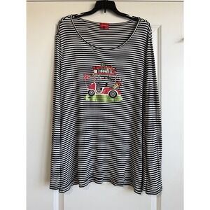Joyland Women's Black and White Striped Long Sleeve Tee with Holiday Golf Cart